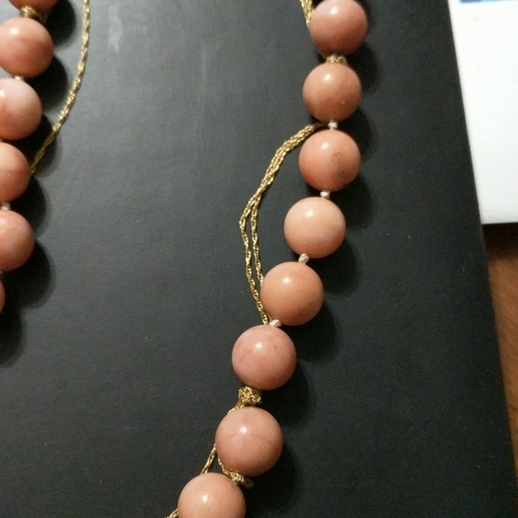 Long Pink Rhodochrosite Gemstone & Gold Chain Statement Necklace - Picture 2 of 3